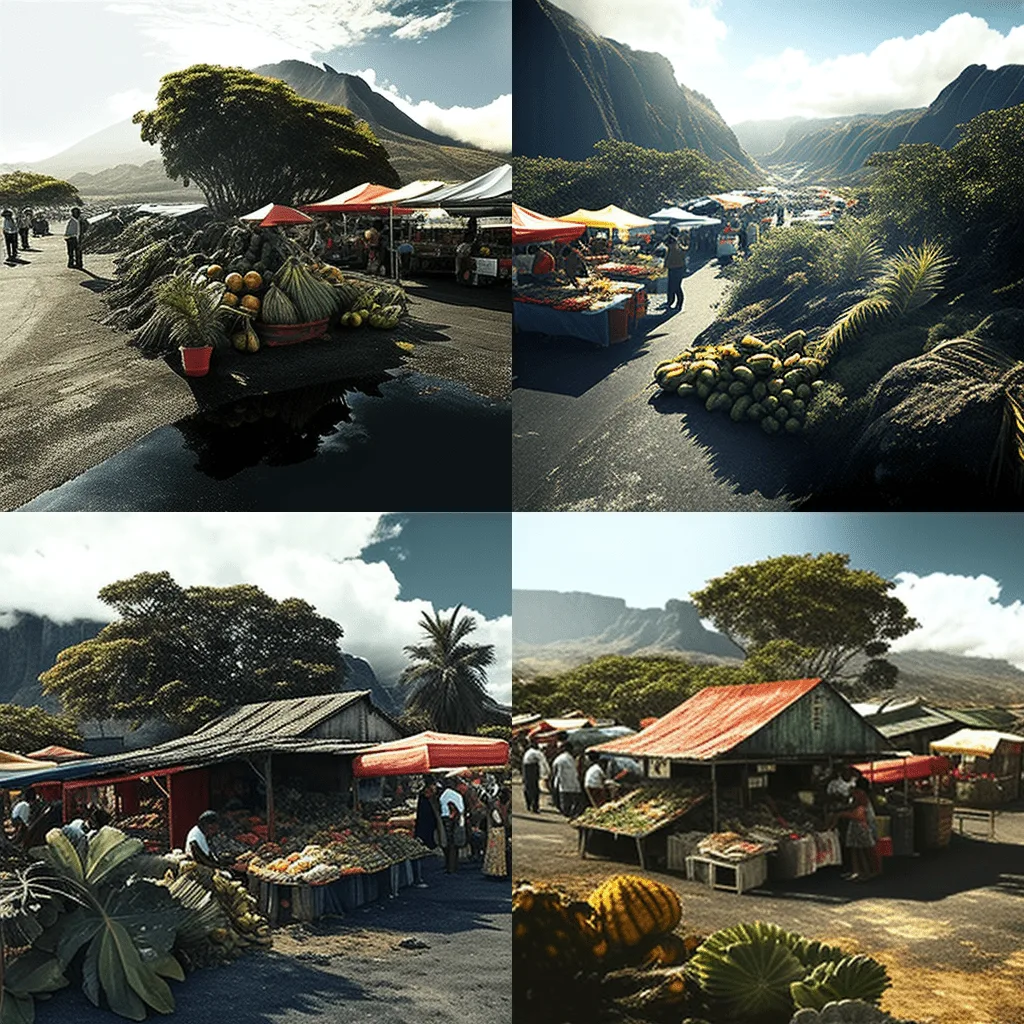 Marché forain de l'ile de la Réunion. Ces fruits et légumes tropicaux sur les étales entre les montagnes de la Réunion.